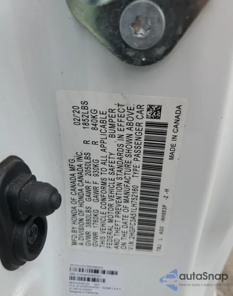 2020 Honda Civic Si из США, поврежденный, VIN 2HGFC3A51LH752160